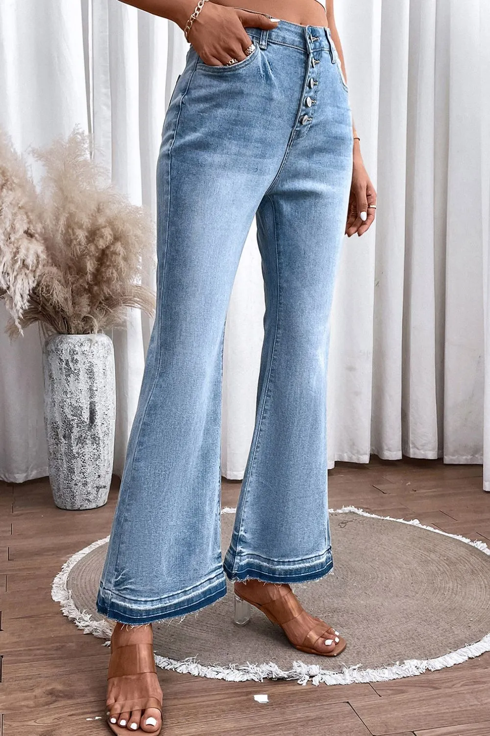 High Waist Button Fly Flare Jeans