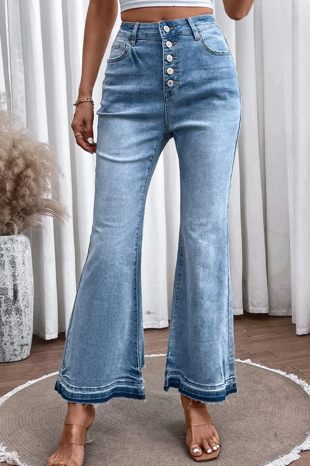 High Waist Button Fly Flare Jeans