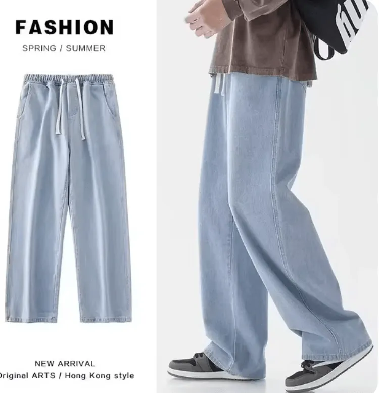 Hong Kong Style Straight-Leg Washed Denim Jeans – Casual Loose-Fit Solid Color Trousers for Men & Women