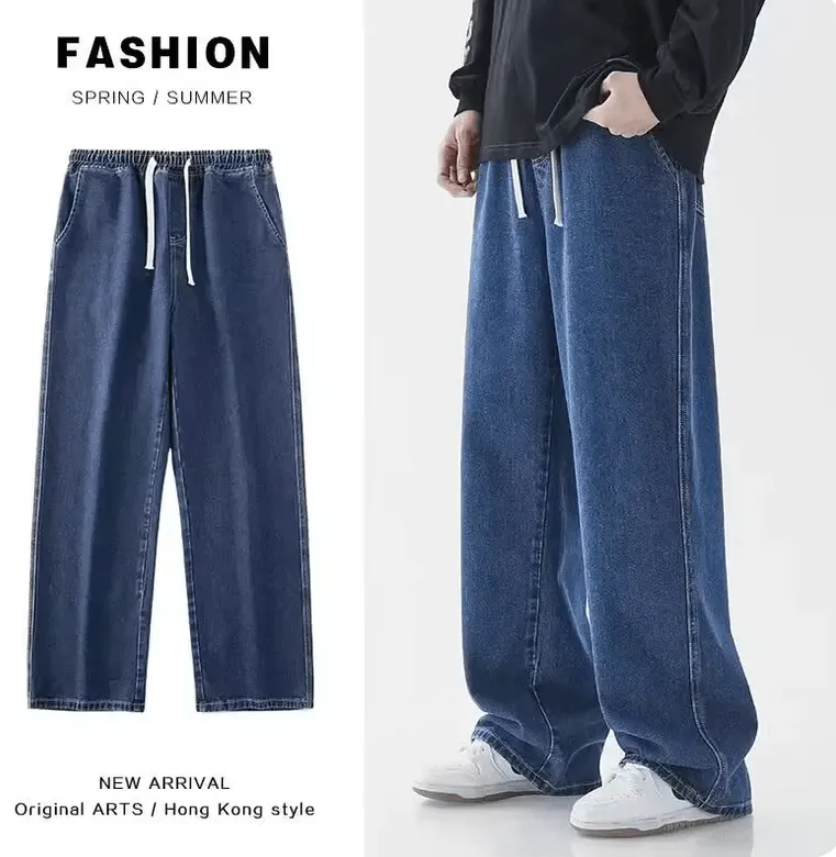 Hong Kong Style Straight-Leg Washed Denim Jeans – Casual Loose-Fit Solid Color Trousers for Men & Women