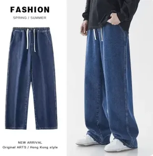 Hong Kong Style Straight-Leg Washed Denim Jeans – Casual Loose-Fit Solid Color Trousers for Men & Women