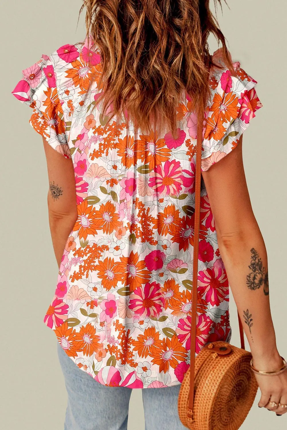 In Full Bloom Tie Neck Flutter Sleeve Floral Top