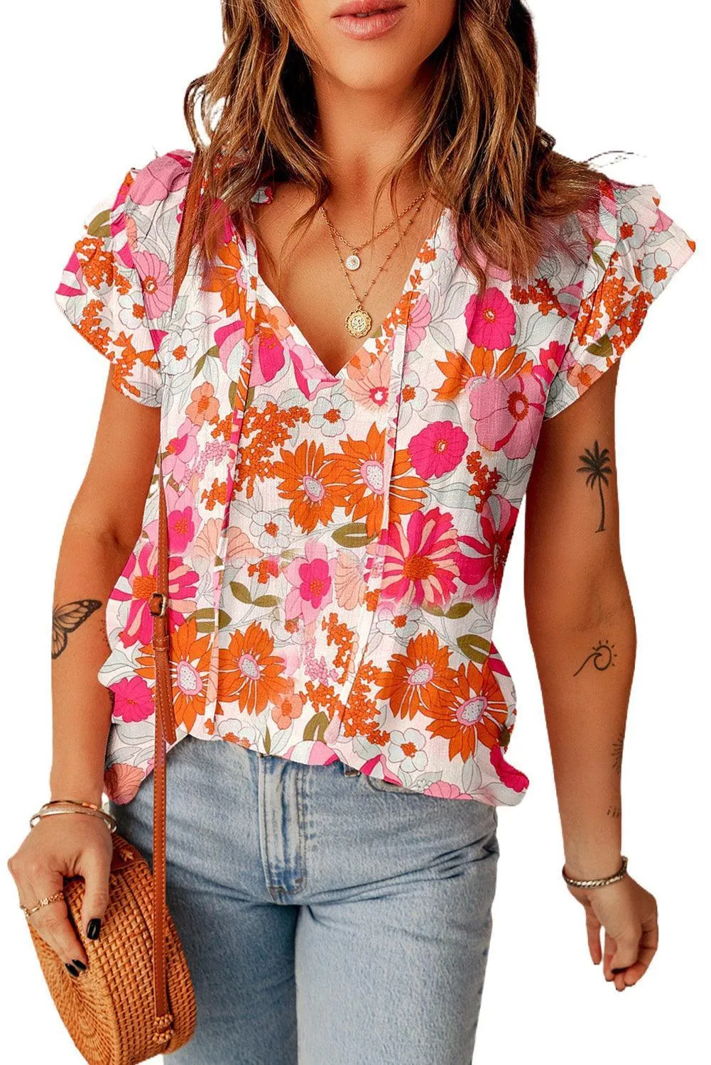 In Full Bloom Tie Neck Flutter Sleeve Floral Top