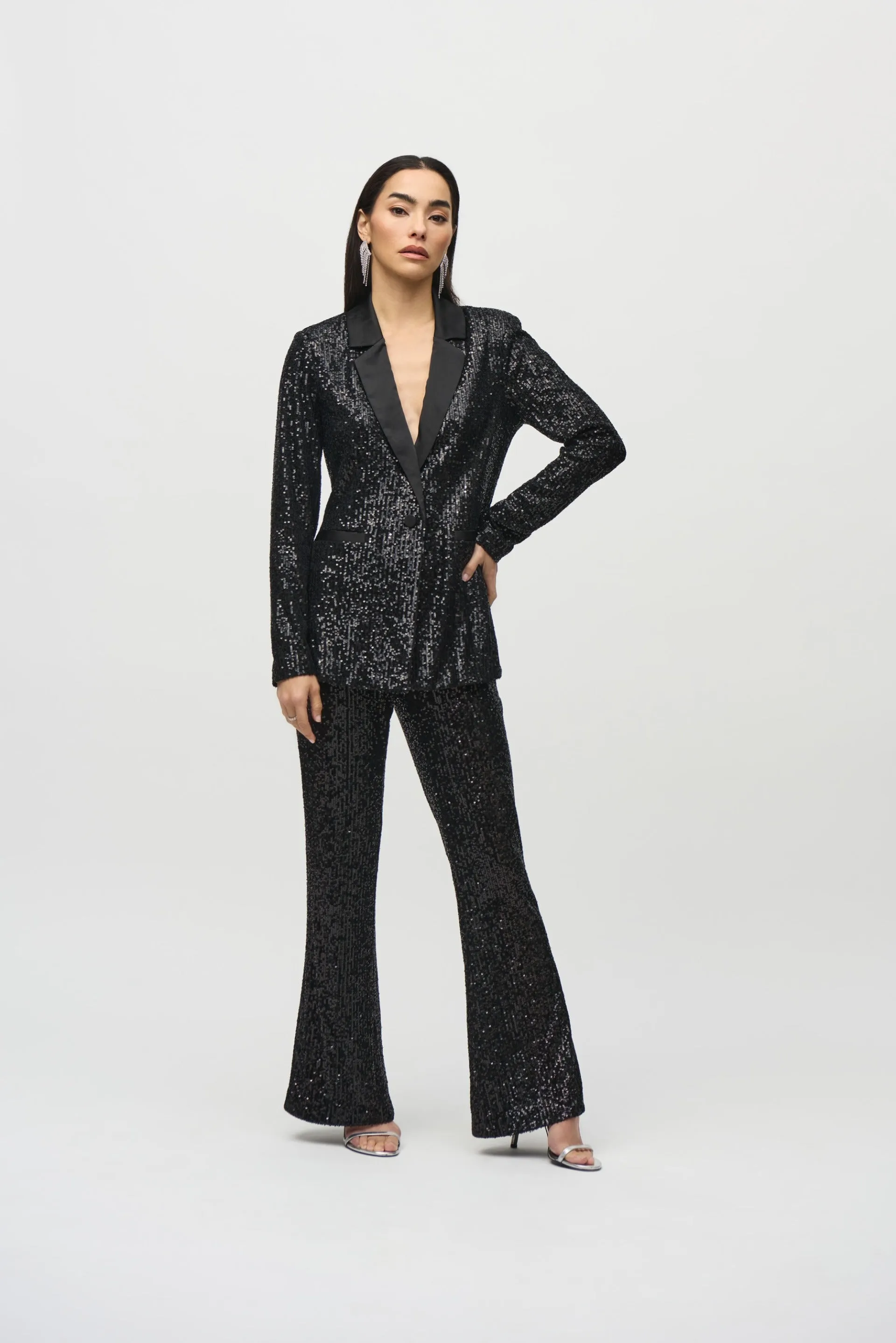 Joseph Ribkoff Black Sequined Blazer With Satin Lapel Style 244916