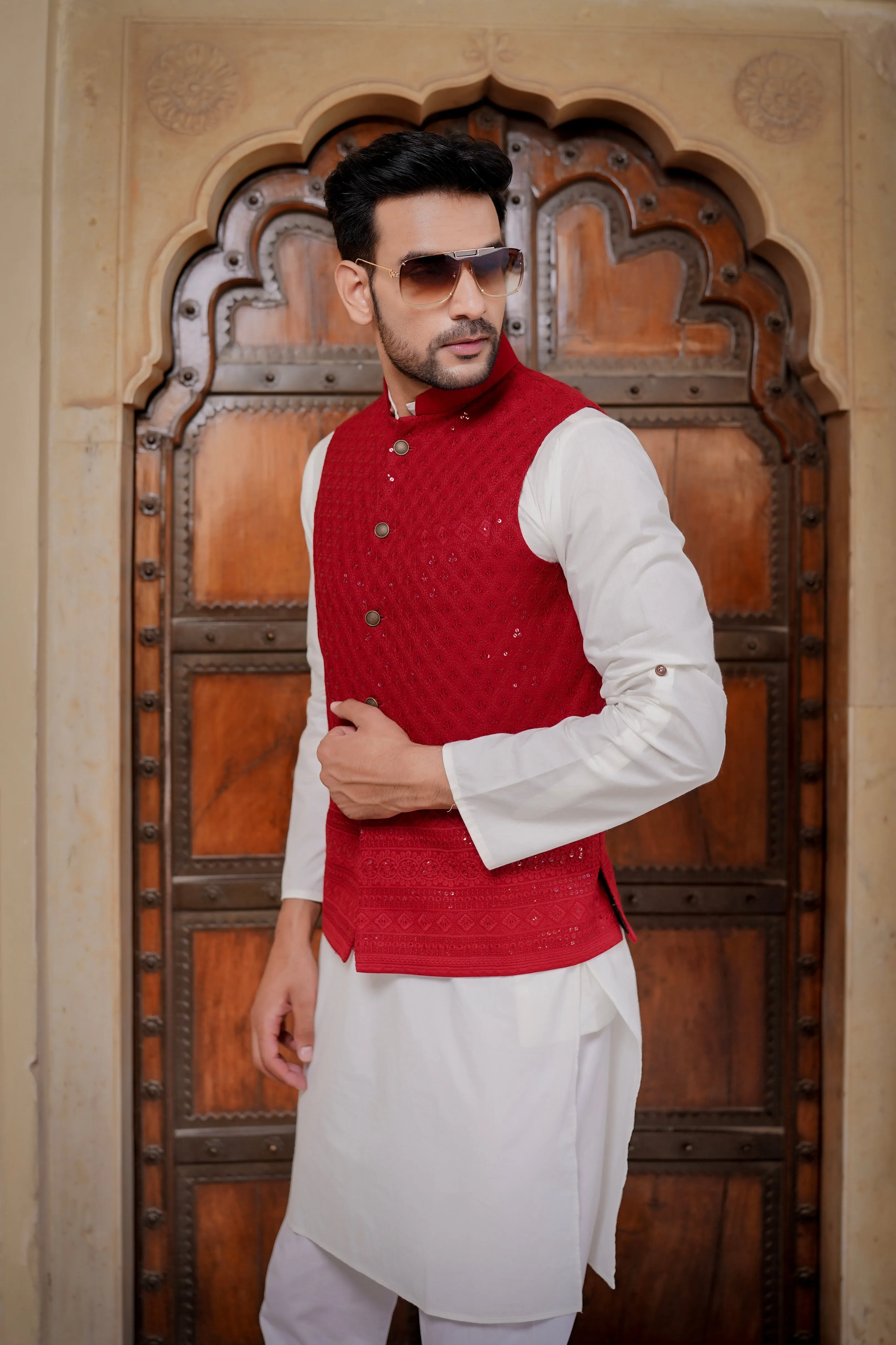 Men's Maroon Heavy Embroidery Jacket - Hatheli