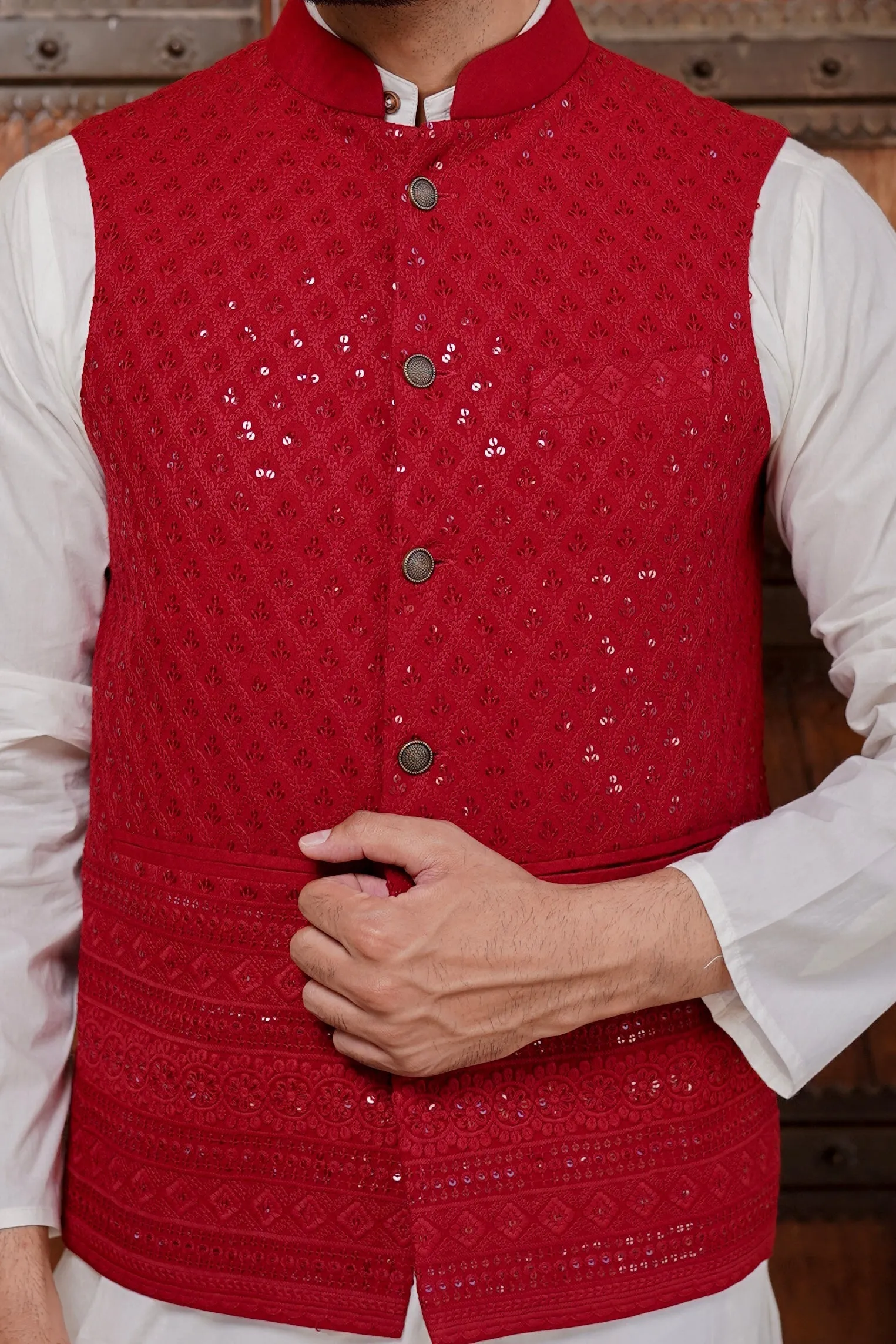 Men's Maroon Heavy Embroidery Jacket - Hatheli