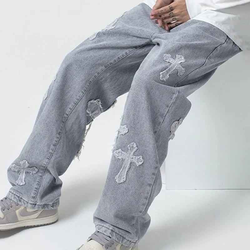 Men's Stylish Cross Cross Patch Street Jeans