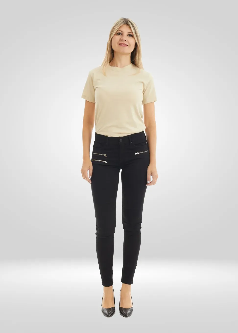 Mid Rise Biker Skinny Stretch Denim Jean With Tummy Tucker