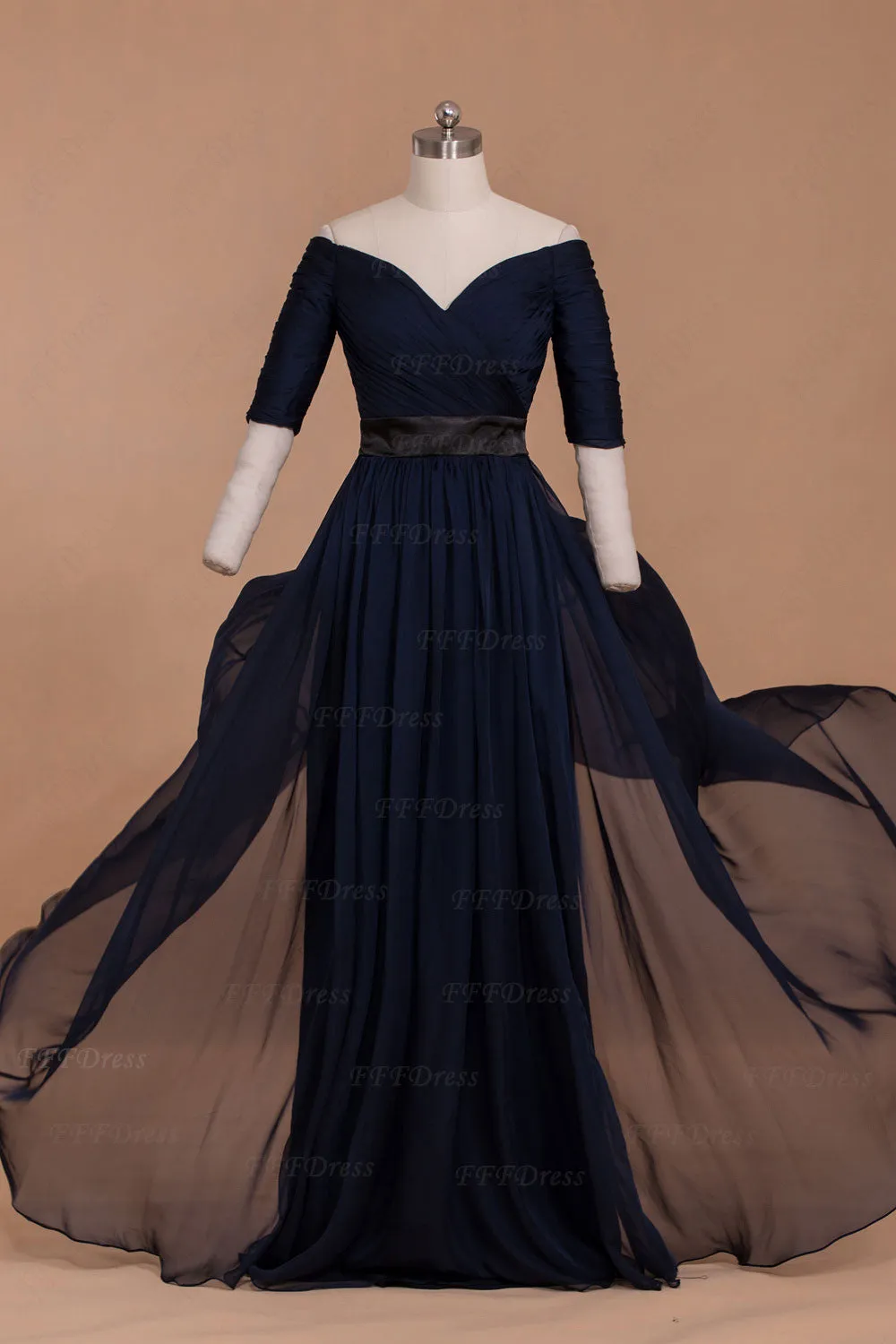 Modest Navy Blue Off the Shoulder Mother of the Bride Dresses with Sleeves