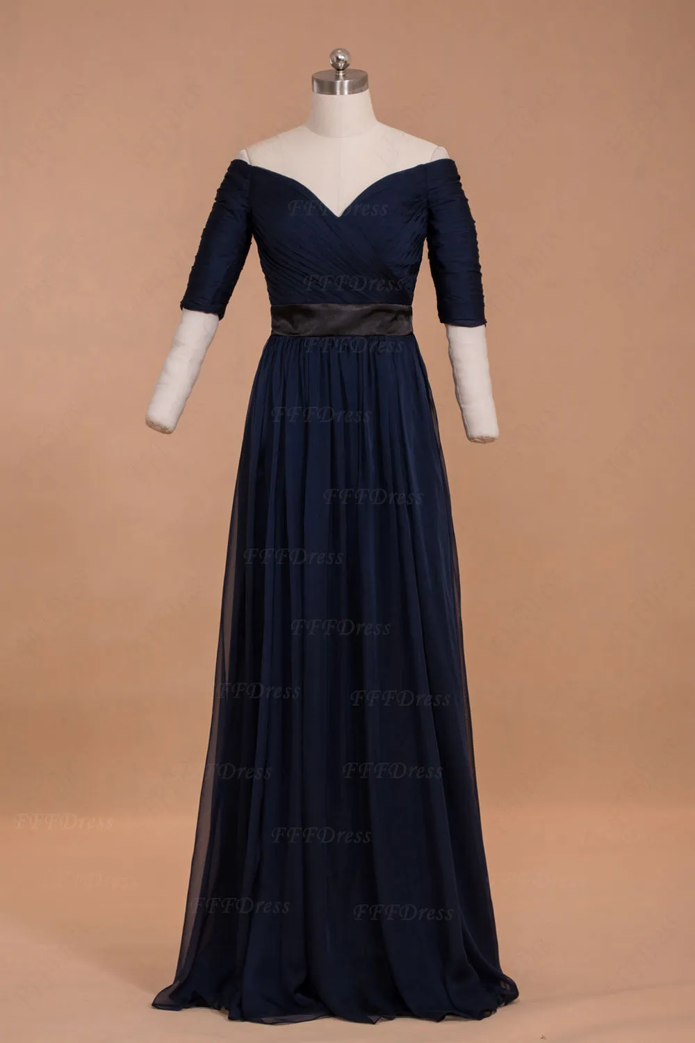 Modest Navy Blue Off the Shoulder Mother of the Bride Dresses with Sleeves