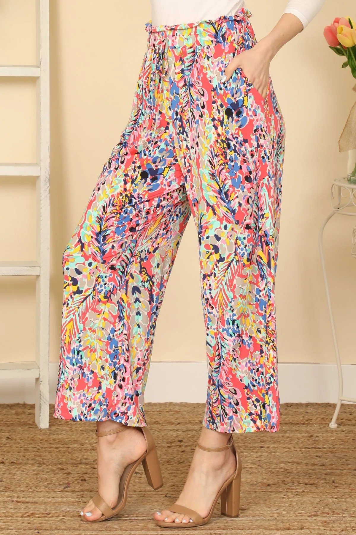 Multi Elastic Waist Tie Side Pocket Pants