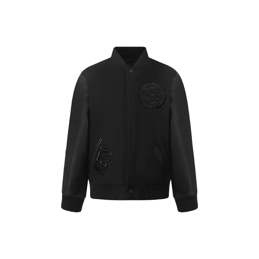 NBA BROOKLYN NETS TRIPLE BLACK LITTLE BOYS WOOL VARSITY JACKET (JET BLACK)
