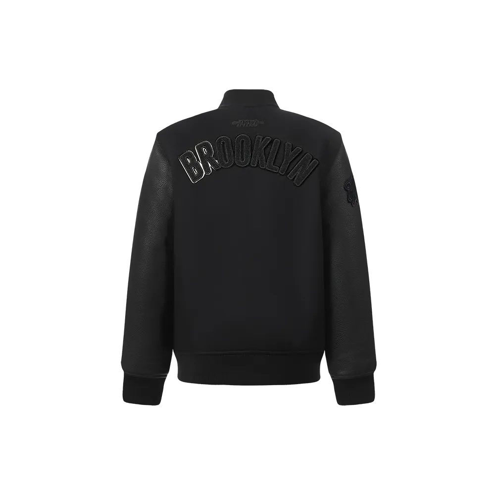 NBA BROOKLYN NETS TRIPLE BLACK LITTLE BOYS WOOL VARSITY JACKET (JET BLACK)