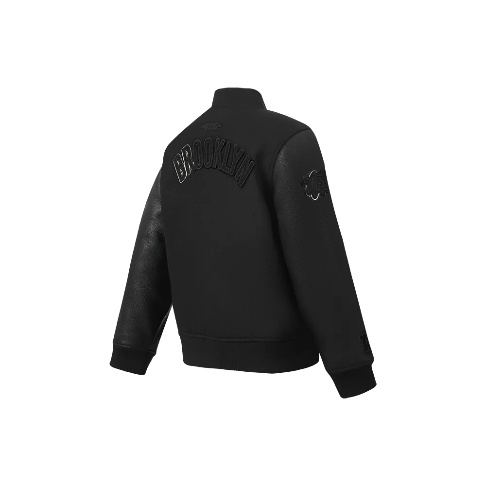 NBA BROOKLYN NETS TRIPLE BLACK LITTLE BOYS WOOL VARSITY JACKET (JET BLACK)