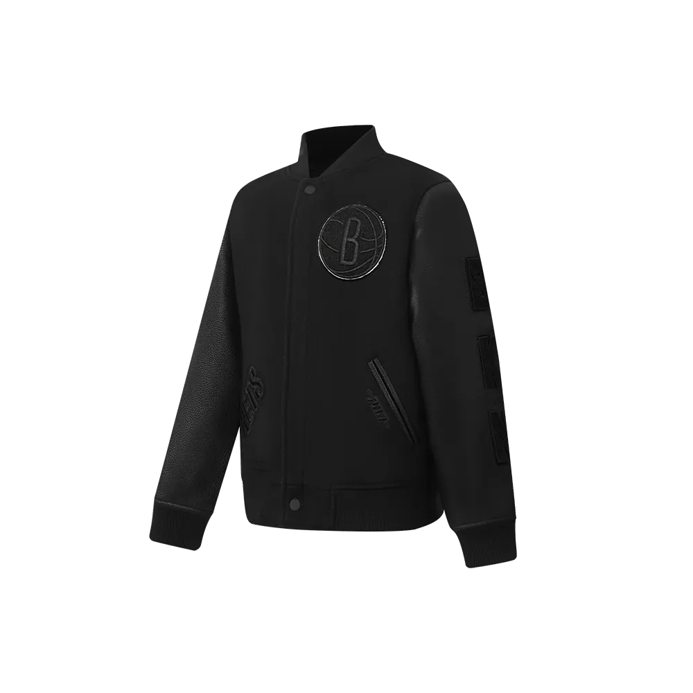 NBA BROOKLYN NETS TRIPLE BLACK LITTLE BOYS WOOL VARSITY JACKET (JET BLACK)