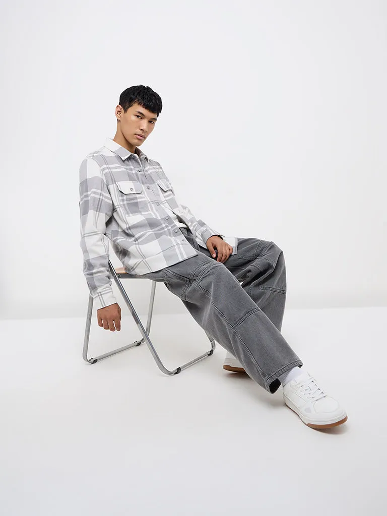 Nuon Grey Checks Design Relaxed-Fit Cotton-Blend Shirt