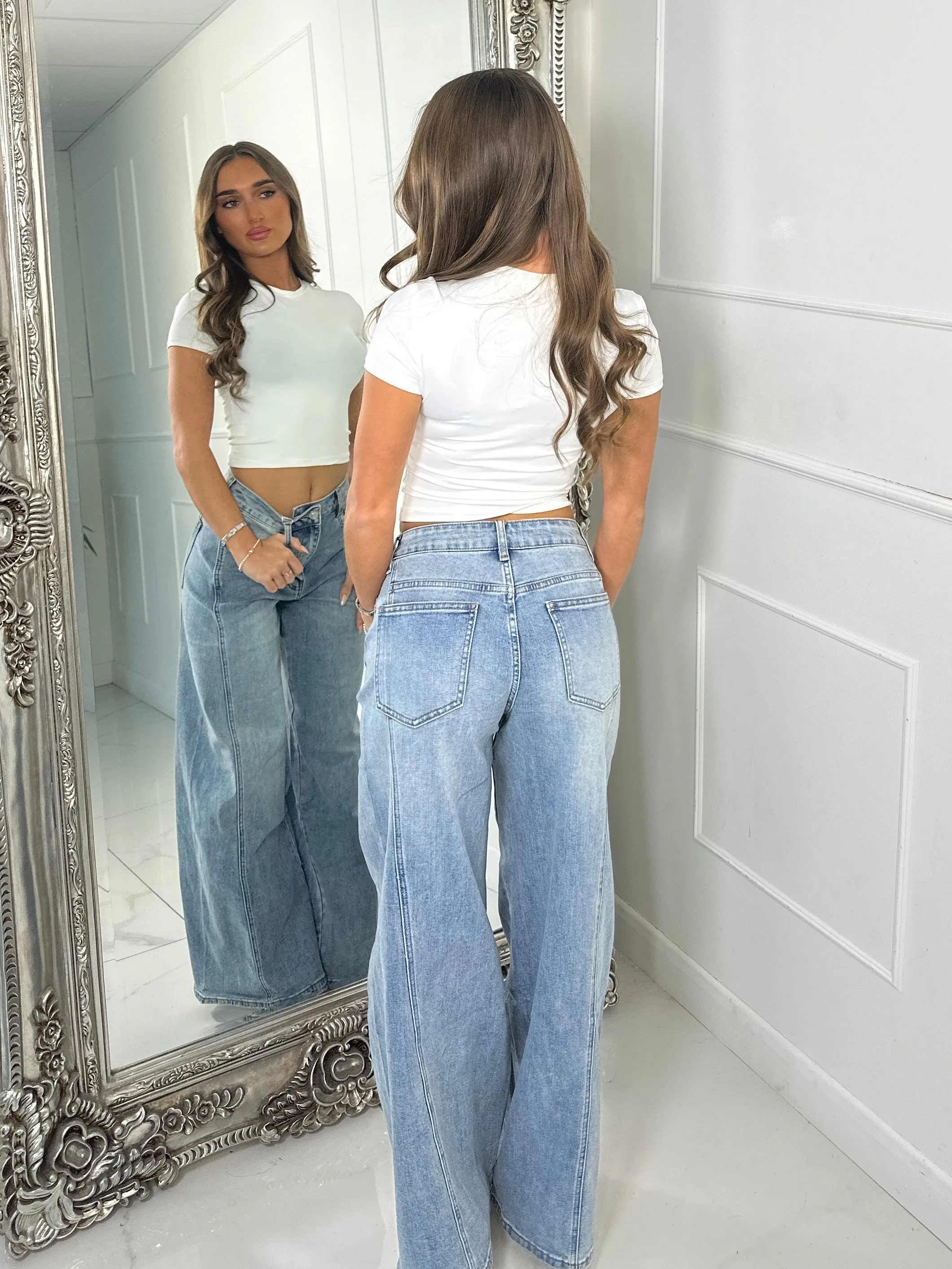 Seam Detail Baggy Straight Leg Denim Jeans - Blue