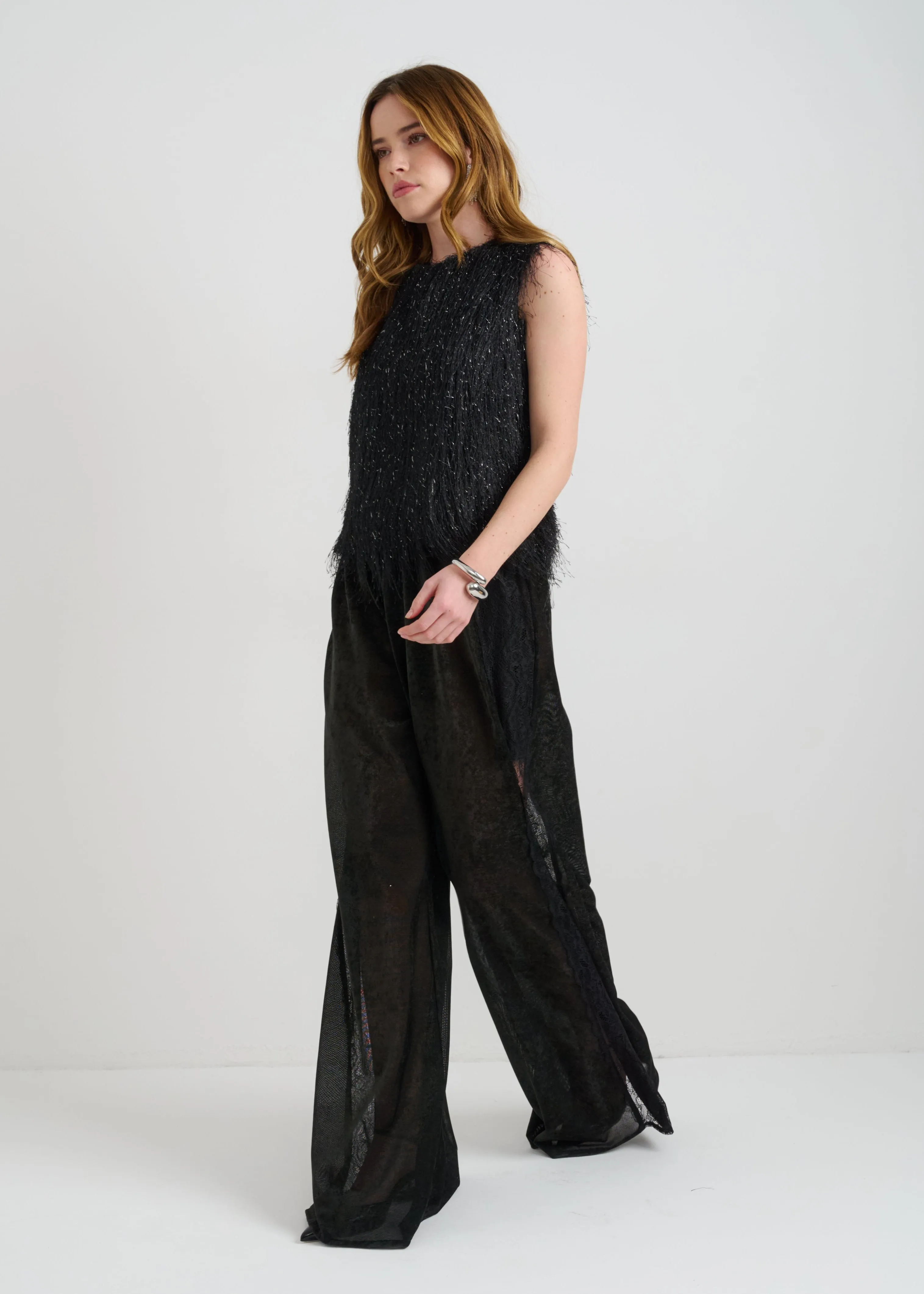 Sheer Wide-Leg Womens Pants with Lace Detailing