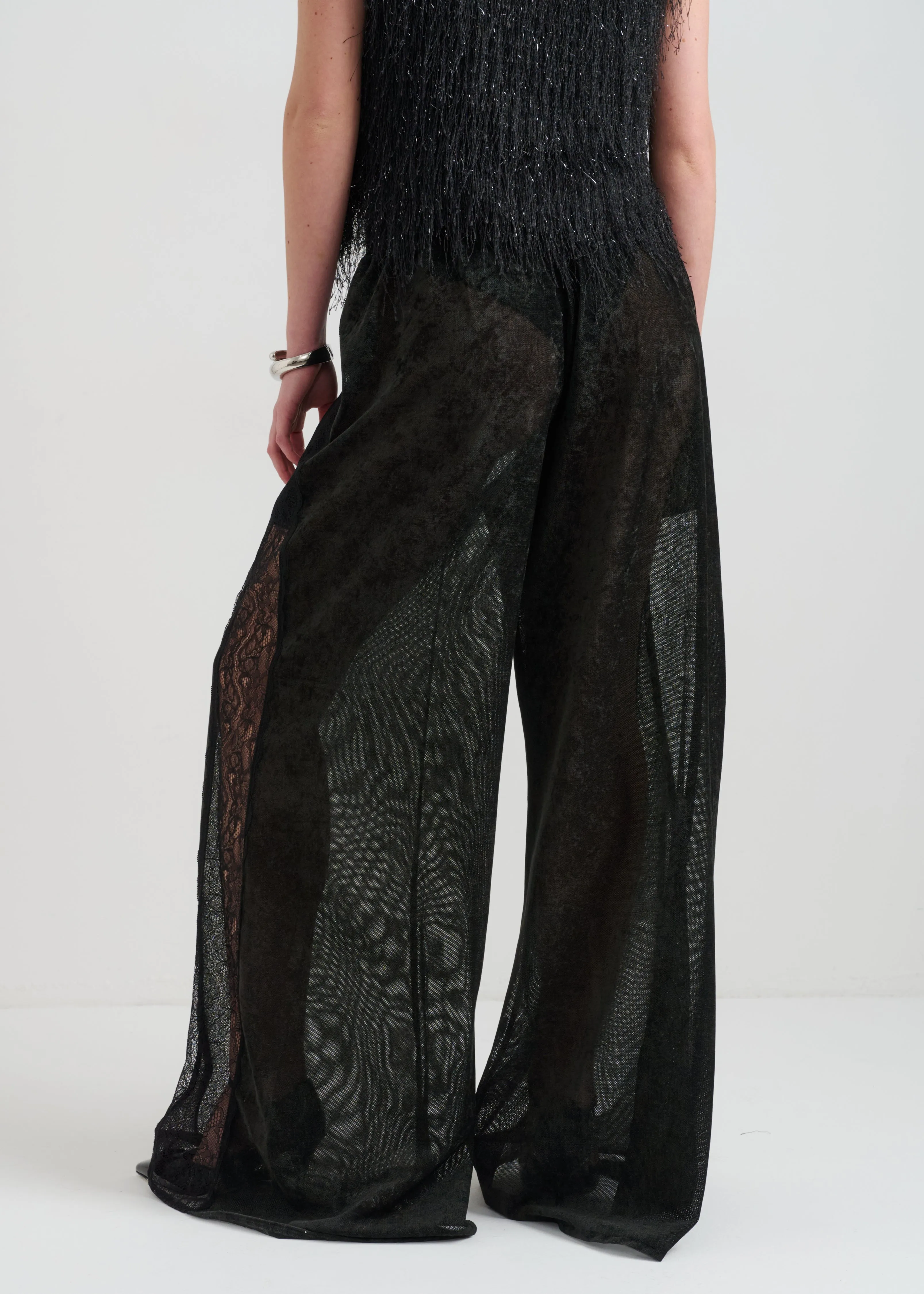 Sheer Wide-Leg Womens Pants with Lace Detailing