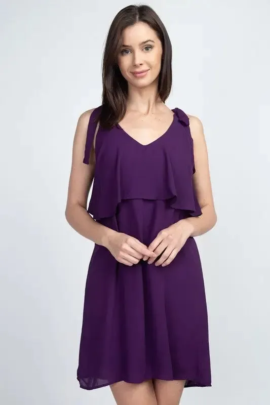 Shoulder-Tie V-Neck Ruffle Shift Dress