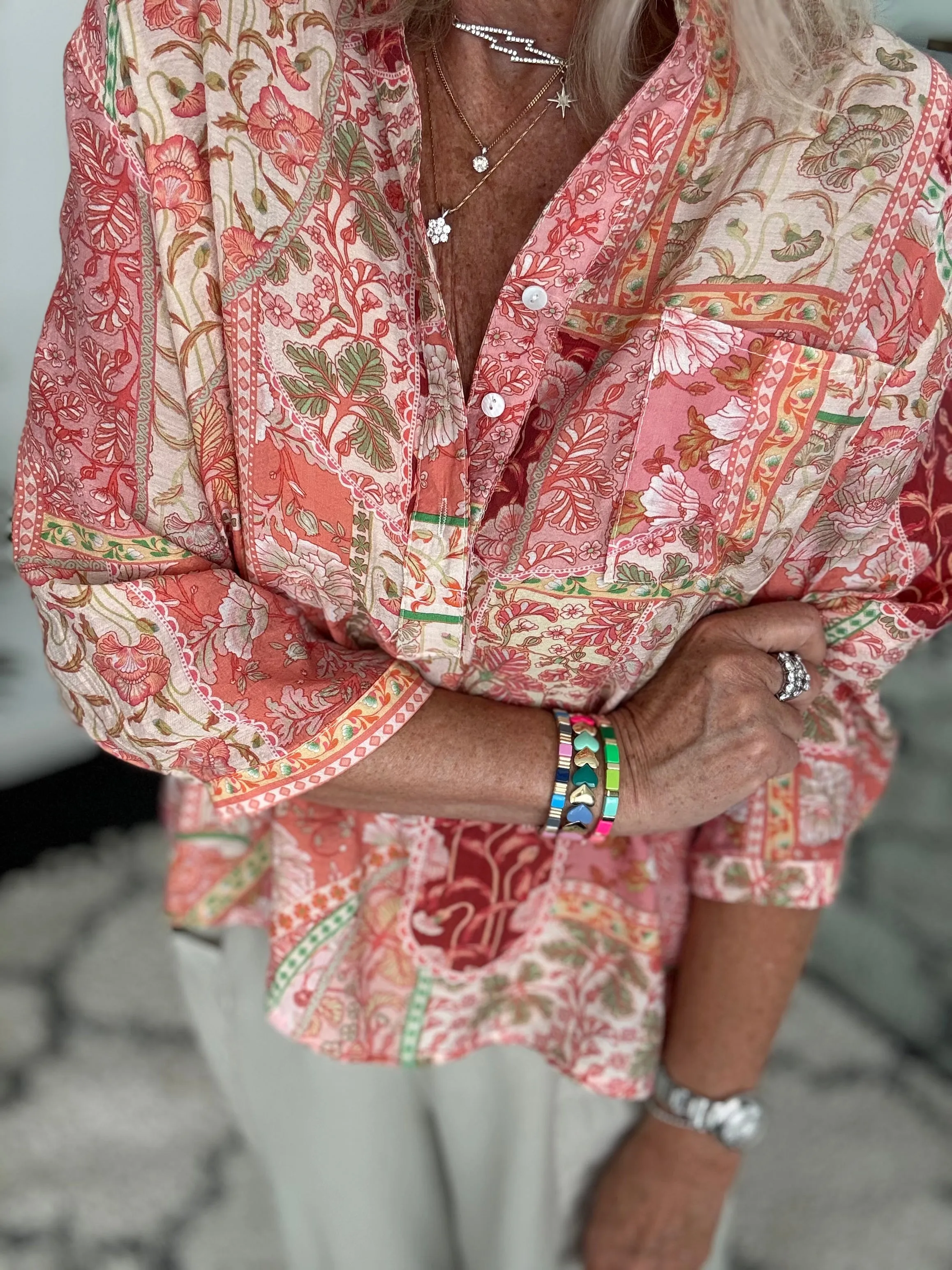 Silky Patchwork Shirt in Coral