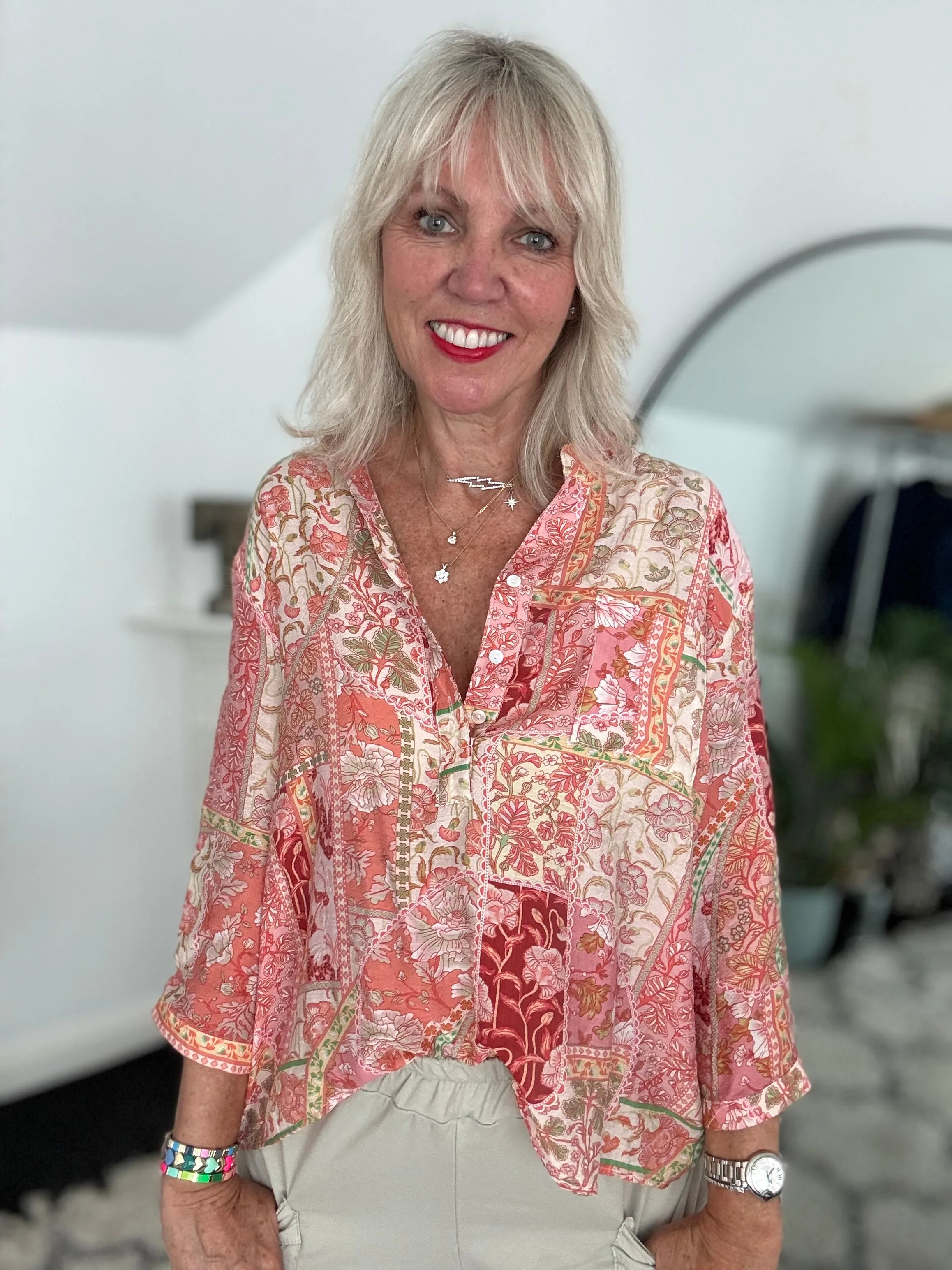 Silky Patchwork Shirt in Coral