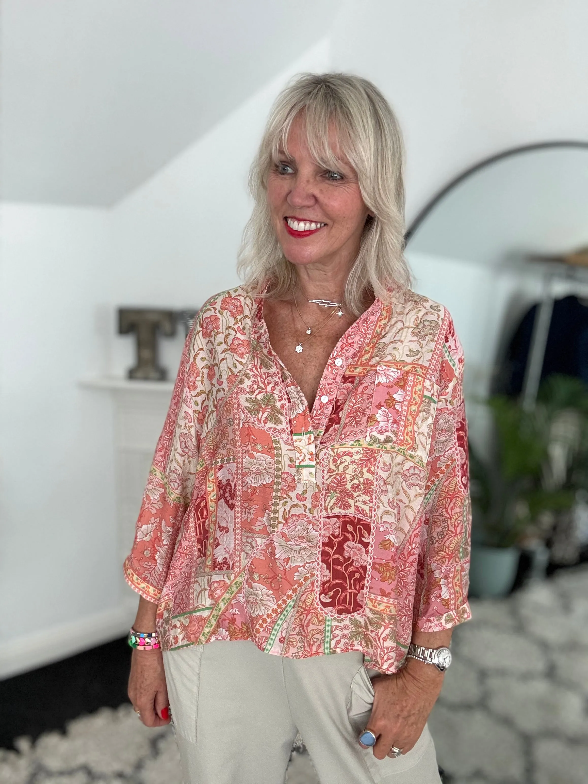 Silky Patchwork Shirt in Coral
