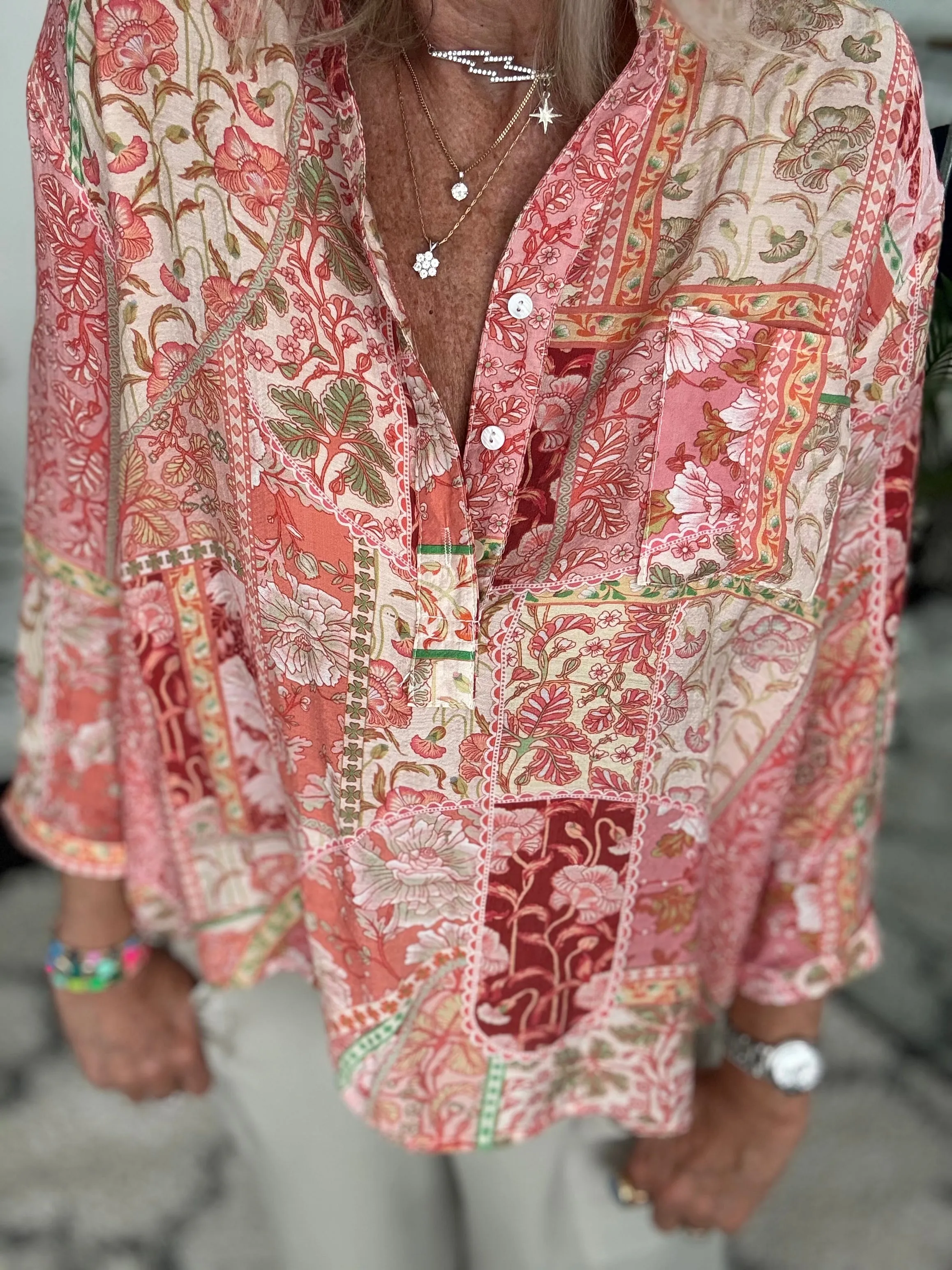 Silky Patchwork Shirt in Coral