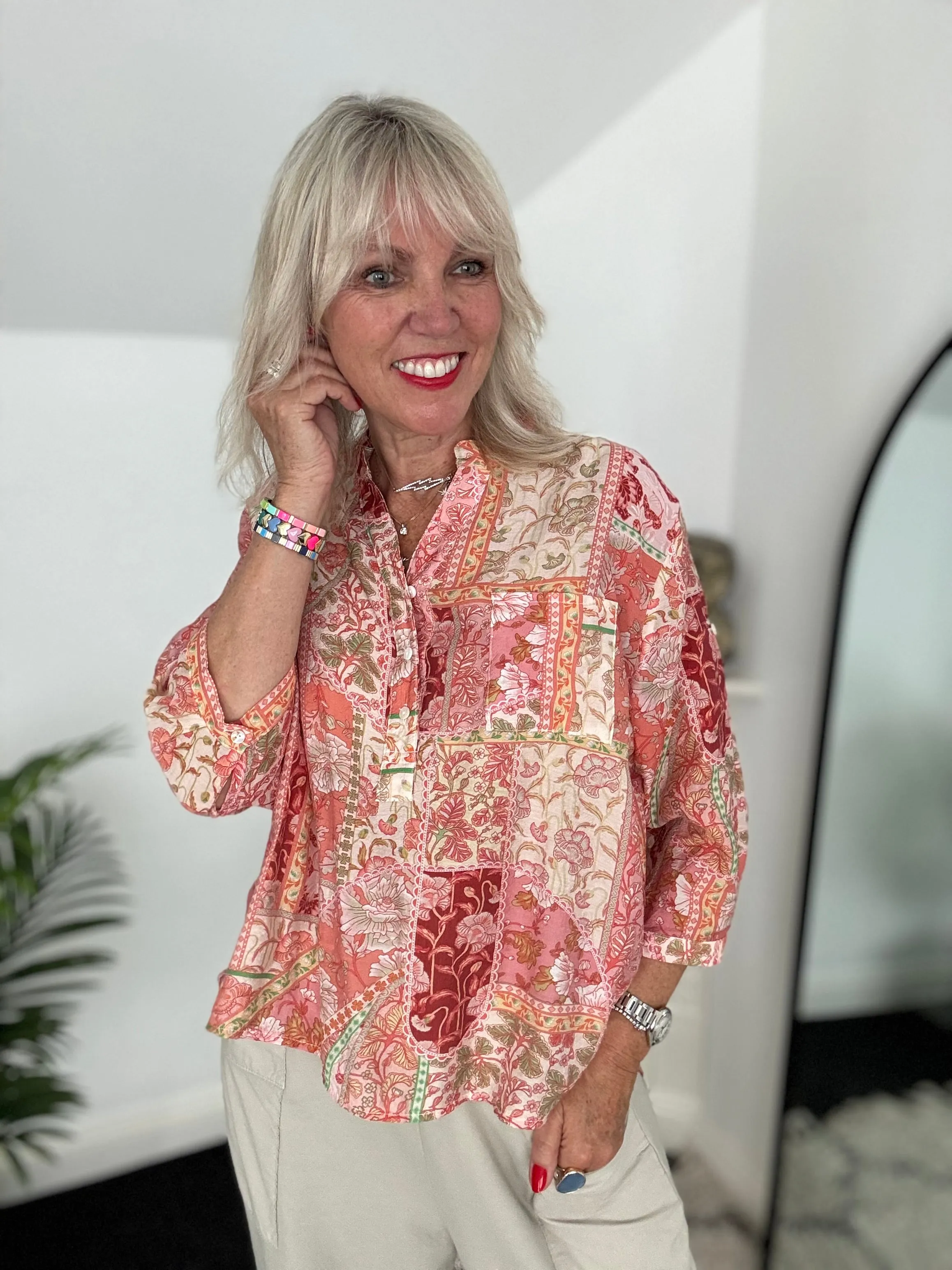 Silky Patchwork Shirt in Coral