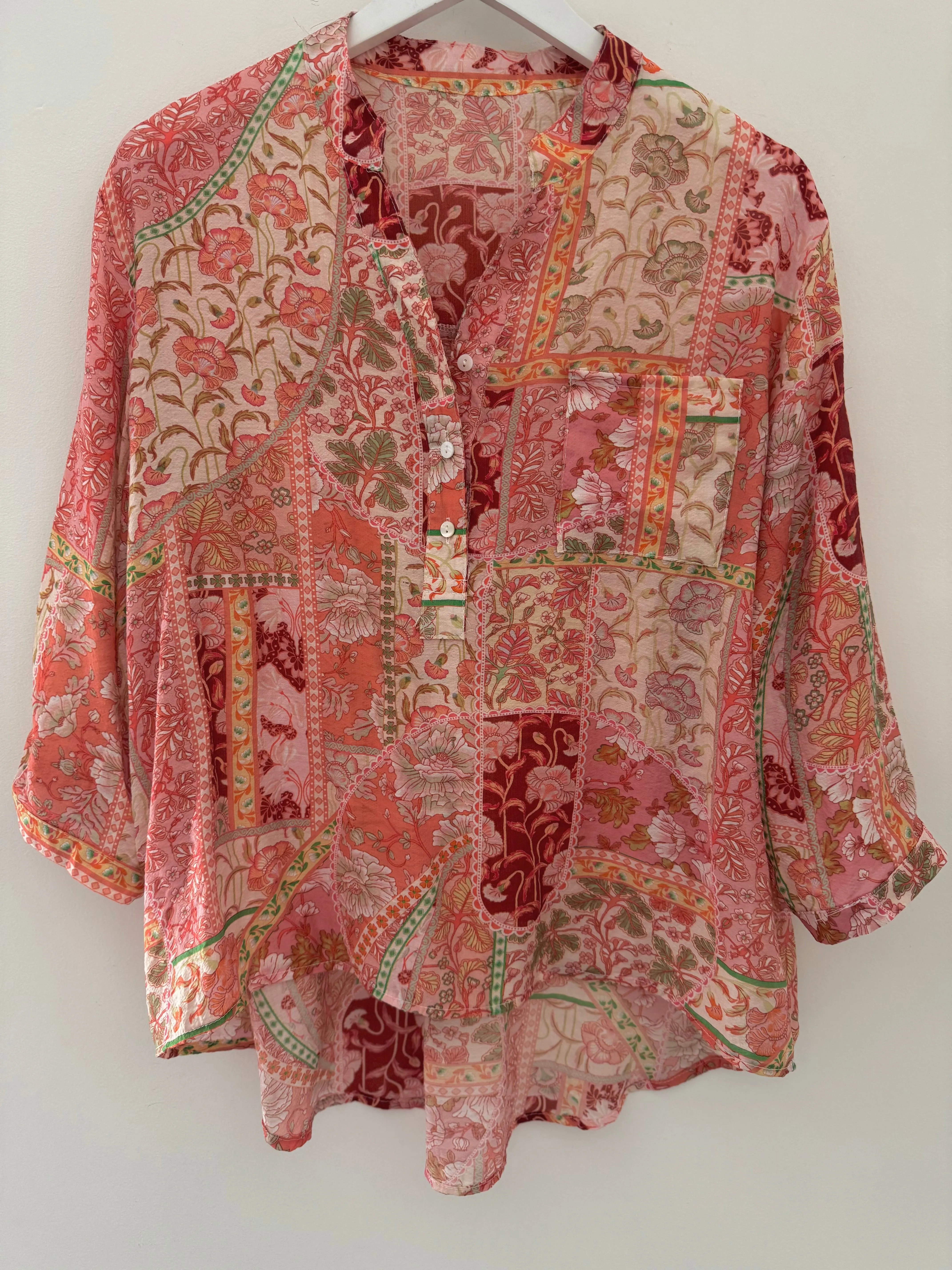 Silky Patchwork Shirt in Coral
