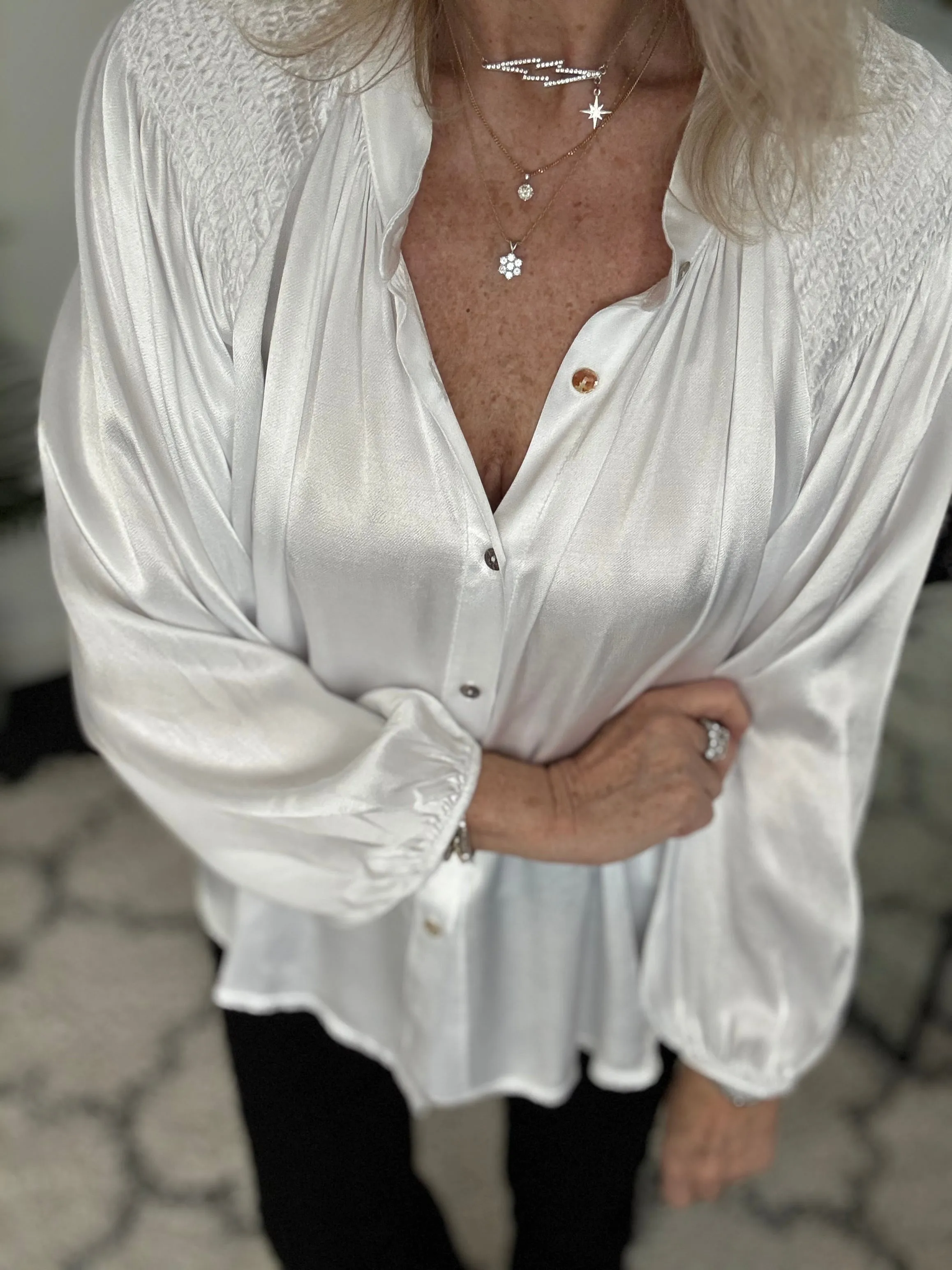 Silky Shirred Blouse in White