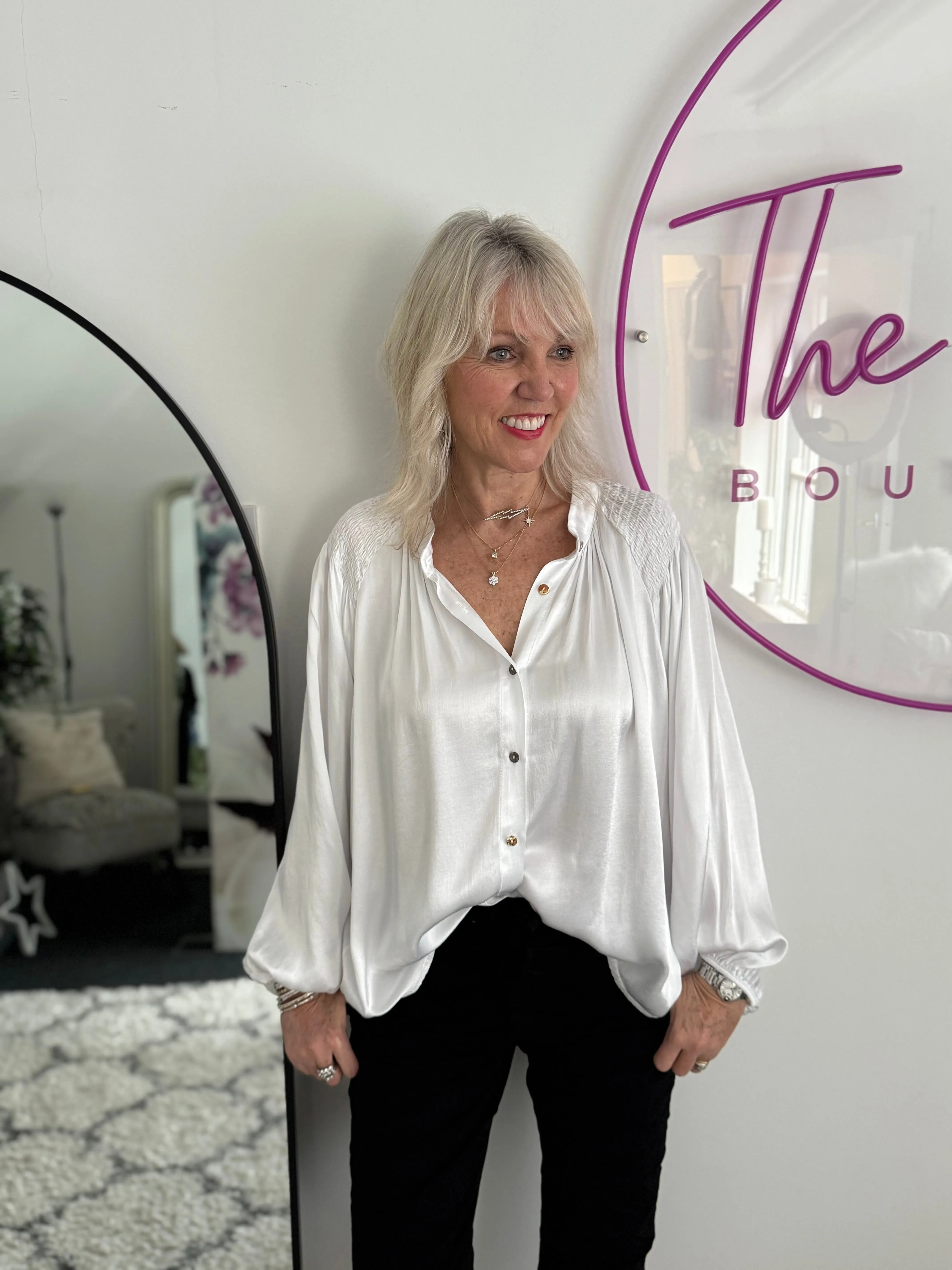 Silky Shirred Blouse in White