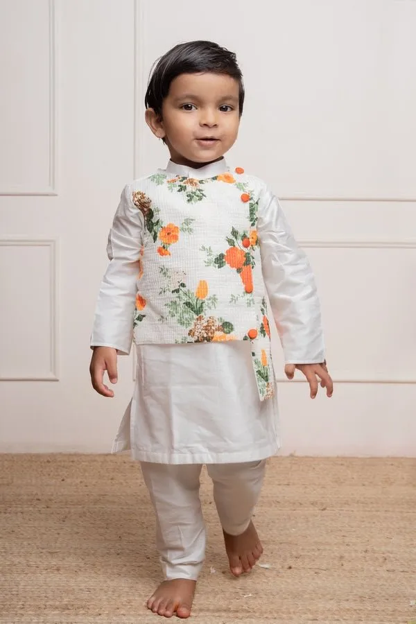 Stylish white kurta set with a attached vibrant floral asymmetrical jacket for a festive and modern look