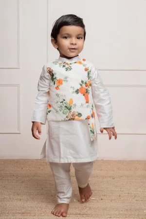 Stylish white kurta set with a attached vibrant floral asymmetrical jacket for a festive and modern look