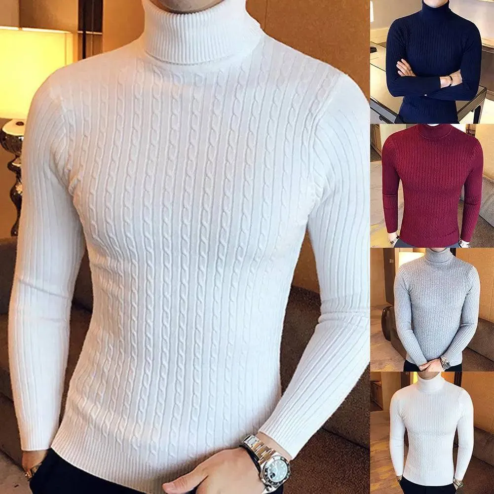 Turtle Neck Long Sleeve Twist Knitted Slim Sweater Men, Knitted Sweaters Pullover Men Knitwear