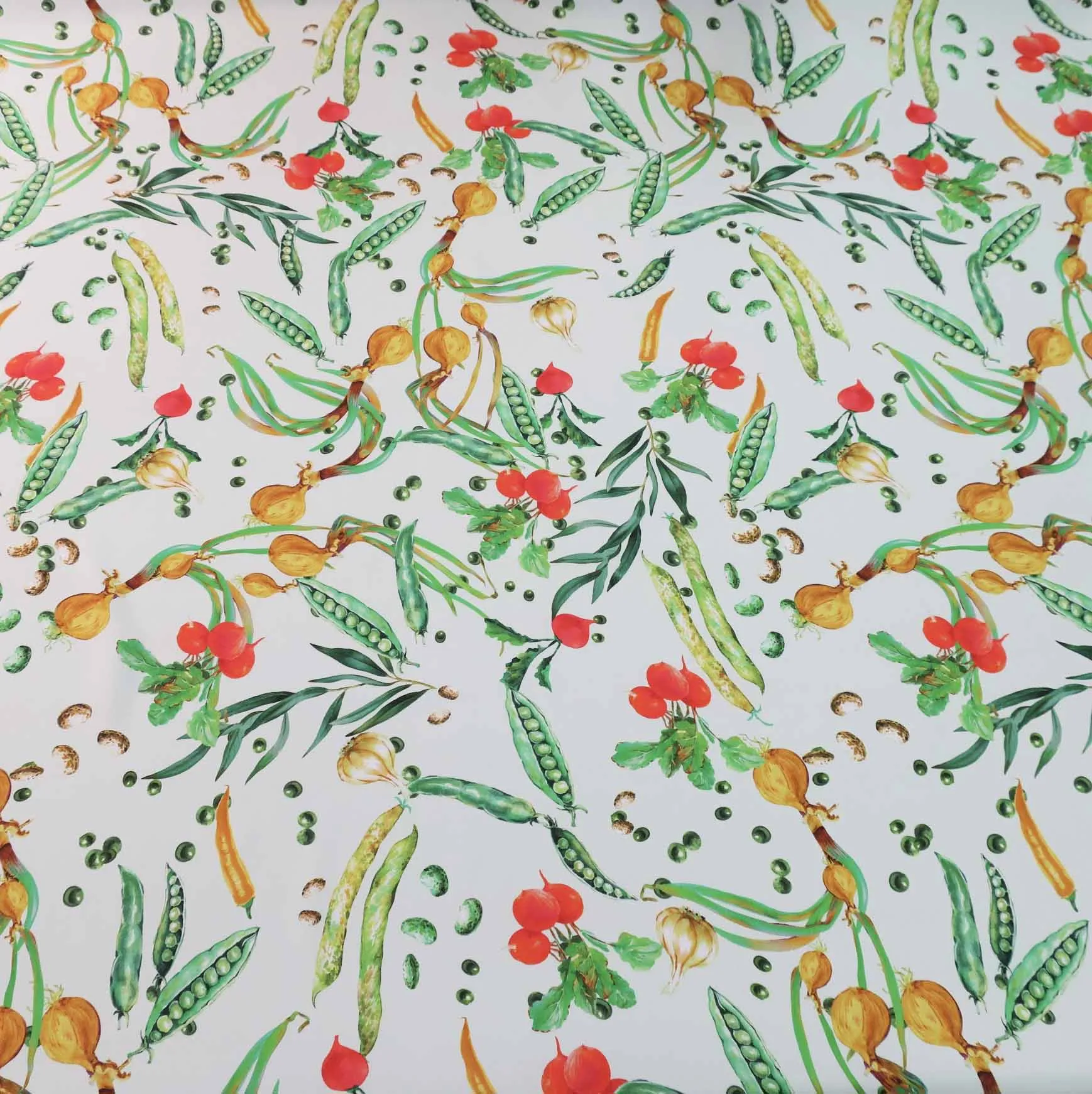 Vegetables on Green Cream Ground Printed Silk Charmeuse