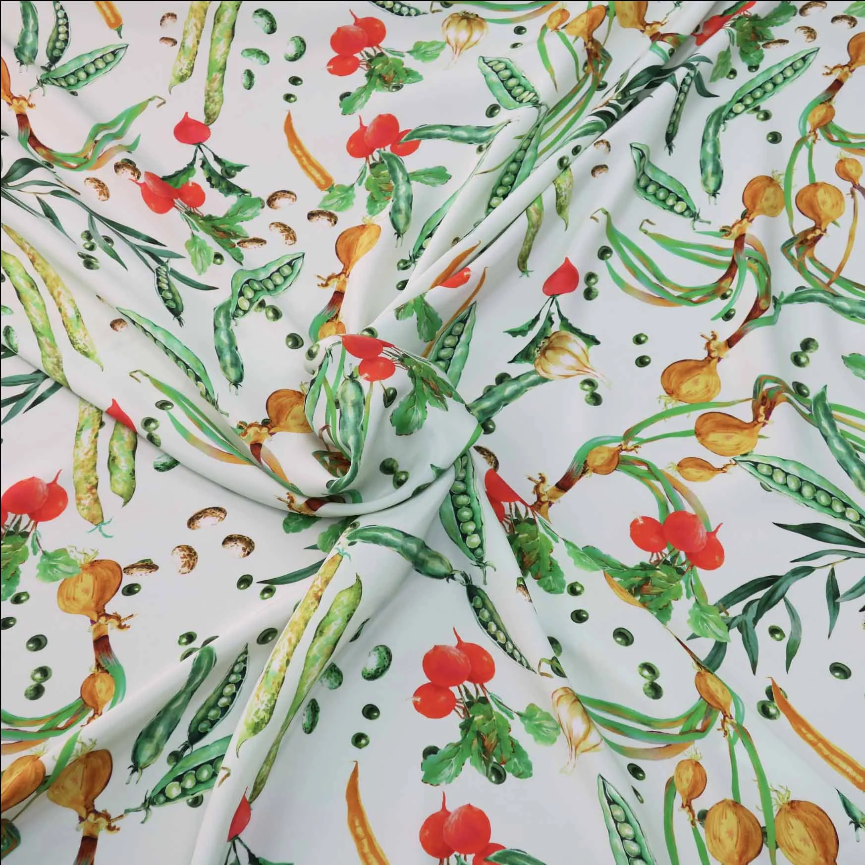 Vegetables on Green Cream Ground Printed Silk Charmeuse
