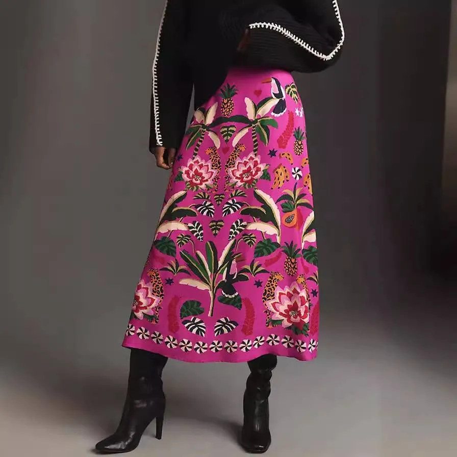 Vintage High-Waisted Botanical Print Skirt