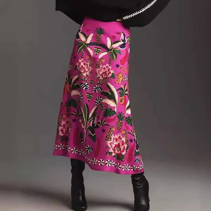 Vintage High-Waisted Botanical Print Skirt