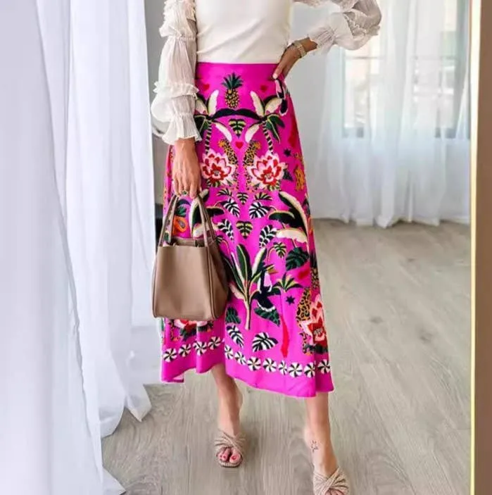 Vintage High-Waisted Botanical Print Skirt