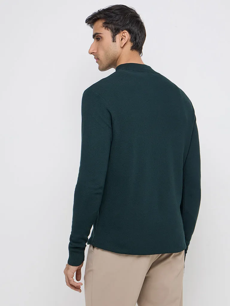 WES Formals Dark Green Solid Slim-Fit Quarter Zip Sweater