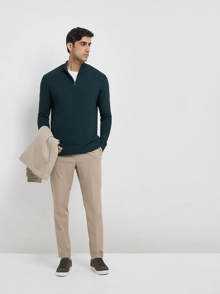 WES Formals Dark Green Solid Slim-Fit Quarter Zip Sweater