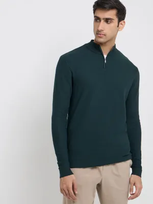 WES Formals Dark Green Solid Slim-Fit Quarter Zip Sweater