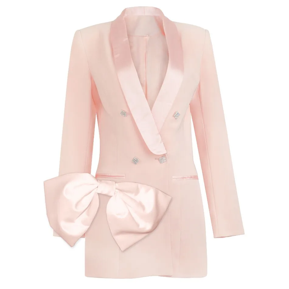 White Satin Lapel Collar Double Breasted Blazer Dress With Rhinestone Insert Crystal Button And Faux Front Pockets