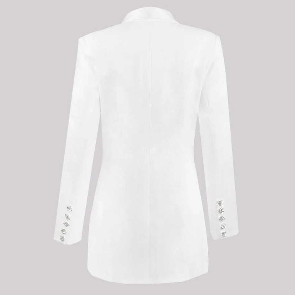 White Satin Lapel Collar Double Breasted Blazer Dress With Rhinestone Insert Crystal Button And Faux Front Pockets