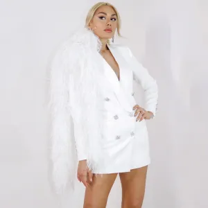 White Satin Lapel Collar Double Breasted Blazer Dress With Rhinestone Insert Crystal Button And Faux Front Pockets