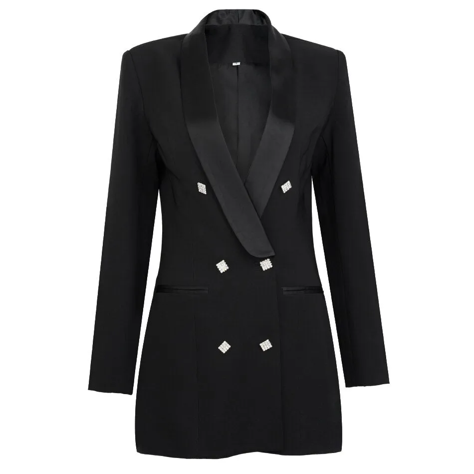 White Satin Lapel Collar Double Breasted Blazer Dress With Rhinestone Insert Crystal Button And Faux Front Pockets
