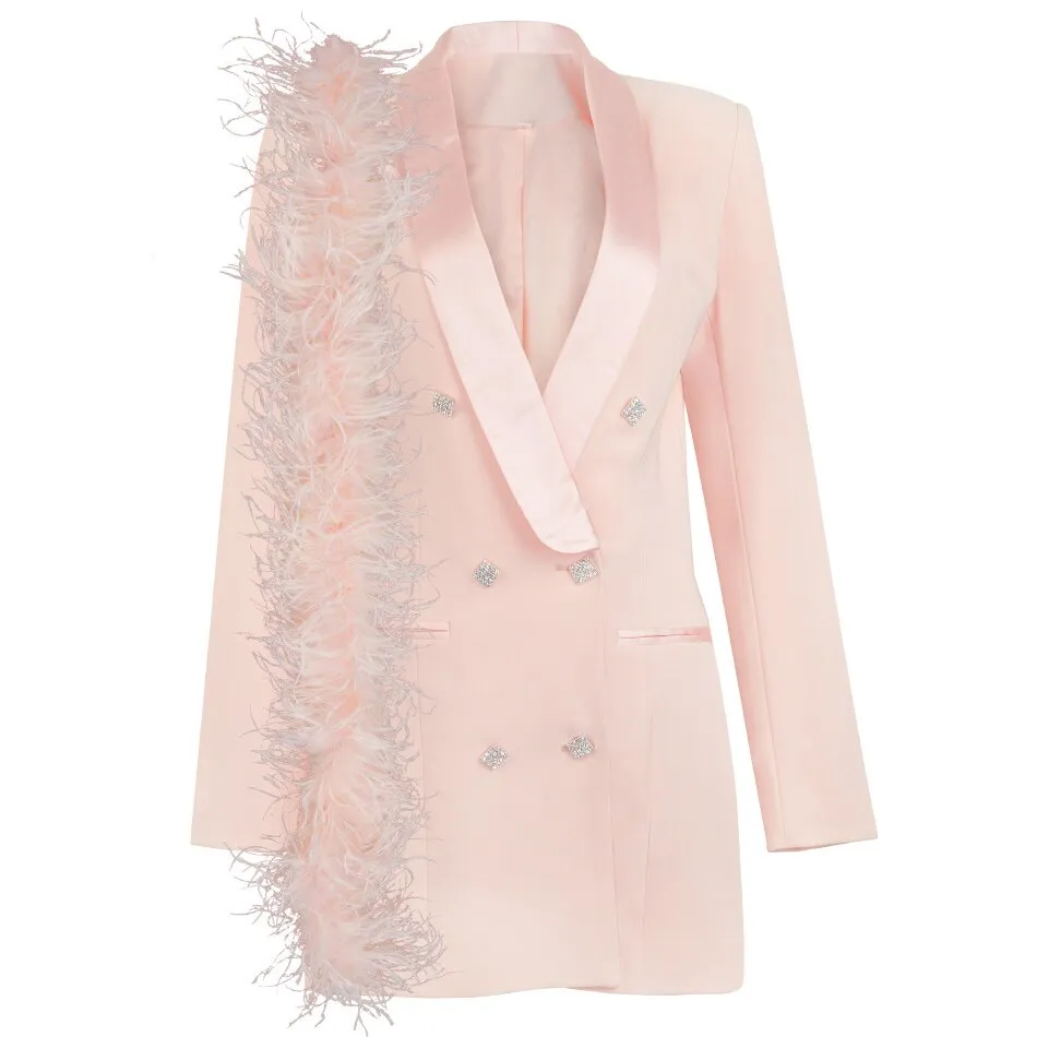 White Satin Lapel Collar Double Breasted Blazer Dress With Rhinestone Insert Crystal Button And Faux Front Pockets