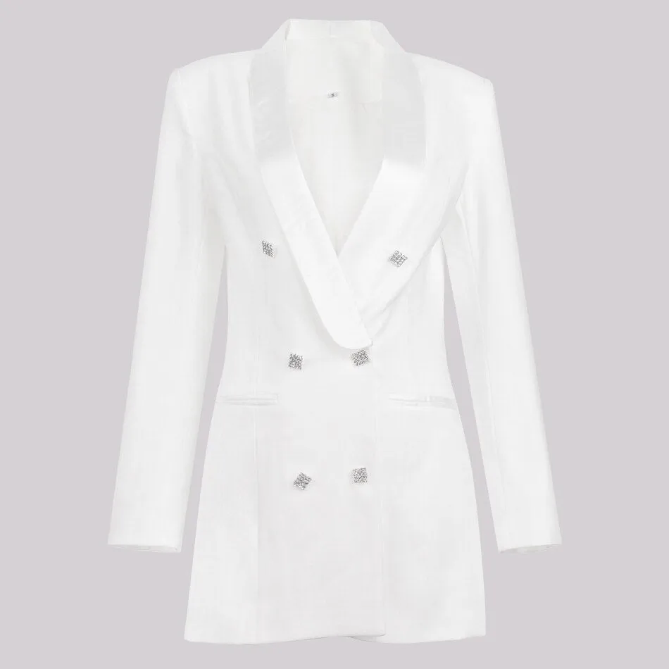 White Satin Lapel Collar Double Breasted Blazer Dress With Rhinestone Insert Crystal Button And Faux Front Pockets
