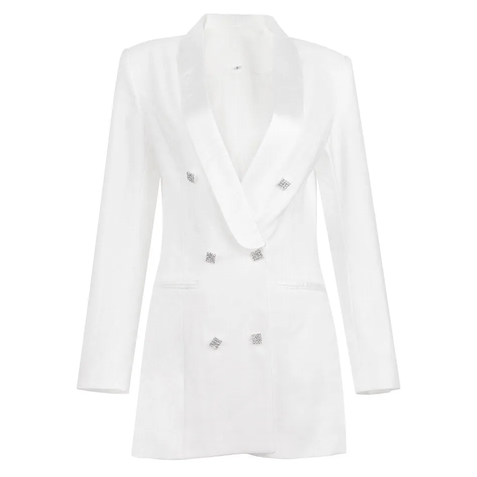 White Satin Lapel Collar Double Breasted Blazer Dress With Rhinestone Insert Crystal Button And Faux Front Pockets